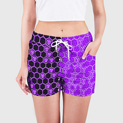 Шорты женские Техно-киберпанк шестиугольники фиолетовый и чёрный, цвет: 3D-принт — фото 2