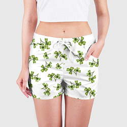 Шорты женские Листочки клевера на белом фоне - паттерн, цвет: 3D-принт — фото 2