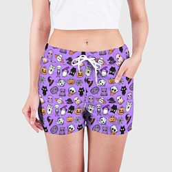 Шорты женские Кавайный хэллоуин - призраки и черепа на сиреневом, цвет: 3D-принт — фото 2