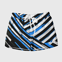 Шорты женские Бело-синие диагональные полосы на чёрном фоне, цвет: 3D-принт