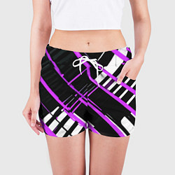 Шорты женские Фиолетово-белые линии на чёрном фоне, цвет: 3D-принт — фото 2