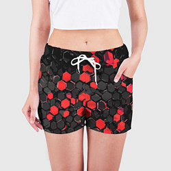 Шорты женские Красно-серые шестиугольники на чёрном фоне, цвет: 3D-принт — фото 2