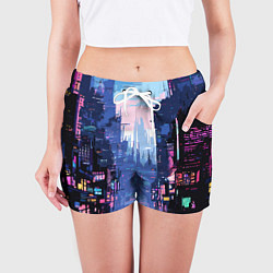 Шорты женские Киберпанк город розовый, цвет: 3D-принт — фото 2