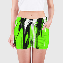 Шорты женские Вертикальные чёрно-белые линии на зелёном фоне, цвет: 3D-принт — фото 2