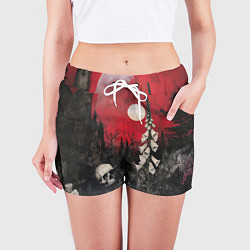 Шорты женские Череп с цветами на фоне замка - нейросеть, цвет: 3D-принт — фото 2