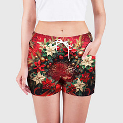 Шорты женские Новогодний венок с пуансеттией - нейросеть, цвет: 3D-принт — фото 2