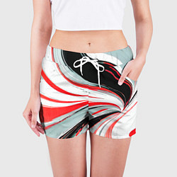 Шорты женские Волнистые бело-красные линии на чёрном фоне, цвет: 3D-принт — фото 2