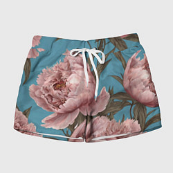 Шорты женские Розовые пионы на голубом, цвет: 3D-принт