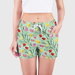 Шорты женские Тюльпаны цветочный паттерн на светло-зелёном фоне, цвет: 3D-принт — фото 2