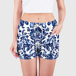 Шорты женские Гжель русский узор акварель, цвет: 3D-принт — фото 2