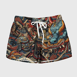 Шорты женские Дракон и самурай в стиле татуировки ирезуми, цвет: 3D-принт