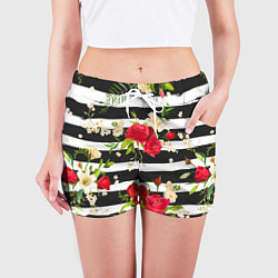 Шорты женские Красные розы на черных полосках, цвет: 3D-принт — фото 2
