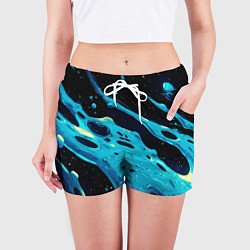 Шорты женские Синие волны краски на черном, цвет: 3D-принт — фото 2