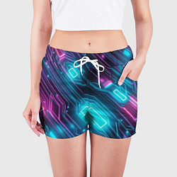Шорты женские Неоновый узор киберпанк микросхемы, цвет: 3D-принт — фото 2