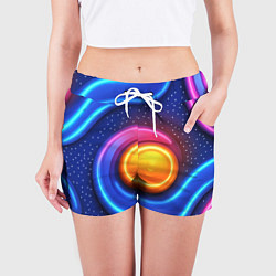 Шорты женские Оранжевый круг и голубые линии текстура, цвет: 3D-принт — фото 2