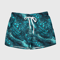Шорты женские Бирюзовая чешуя рептилии - абстрактный паттерн, цвет: 3D-принт