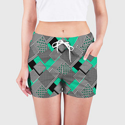 Шорты женские Черно бирюзовая абстрактная геометрия пэчворк, цвет: 3D-принт — фото 2