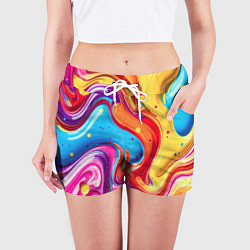 Шорты женские Смесь красно-жёлто-голубых масляных красок абстрак, цвет: 3D-принт — фото 2