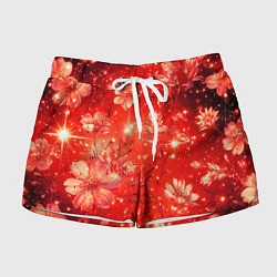 Шорты женские Цветочный красный с искрами, цвет: 3D-принт