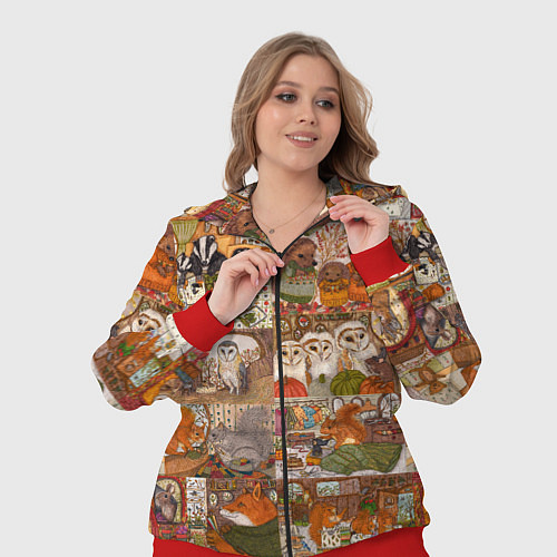 Женский костюм Коллаж из сказочных зверей - совы, белки, ёжики / 3D-Красный – фото 3