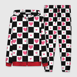Женский 3D-костюм Розовые сердечки на фоне шахматной черно-белой дос, цвет: 3D-красный