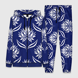 Женский костюм Абстрактные белые лотосы на синем - паттерн