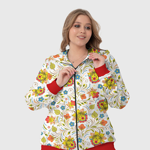 Женский костюм Хохломская роспись разноцветные цветы на белом фон / 3D-Красный – фото 3