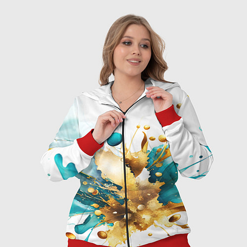 Женский костюм Бирюзово голубая абстракция, брызги краски на бело / 3D-Красный – фото 3