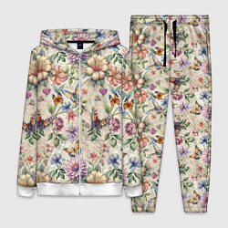 Женский 3D-костюм Летний узор с цветами и бабочками, цвет: 3D-белый