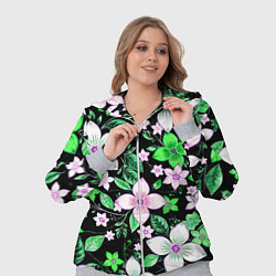 Женский 3D-костюм Зелёно-белые цветы на чёрном фоне, цвет: 3D-меланж — фото 2