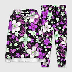 Женский 3D-костюм Фиолетово-белые цветы на чёрном фоне, цвет: 3D-белый