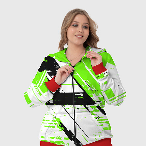 Женский костюм Diagonal black and green stripes on a white backgr / 3D-Красный – фото 3