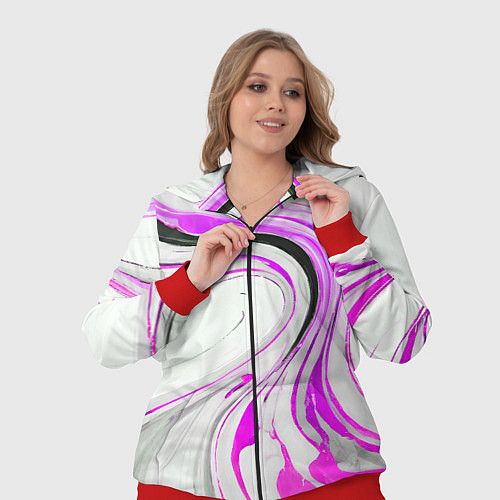 Женский костюм Волнистые чёрно-фиолетовые линии на белом фоне / 3D-Красный – фото 3