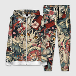 Женский 3D-костюм Котики и рыбки в сакуре, цвет: 3D-белый