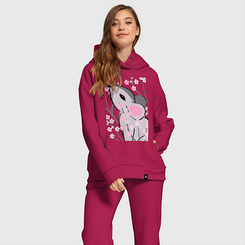 Женский костюм оверсайз Мышка и сакура / Маджента – фото 2
