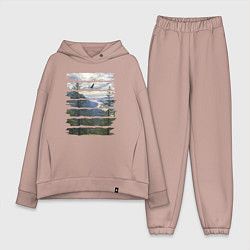 Женский костюм оверсайз Горы, небо и птицы, цвет: пыльно-розовый