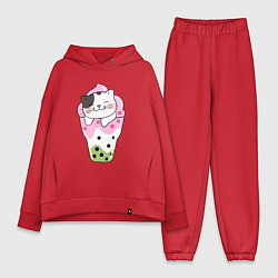 Женский костюм оверсайз Довольный котик в мороженом, цвет: красный