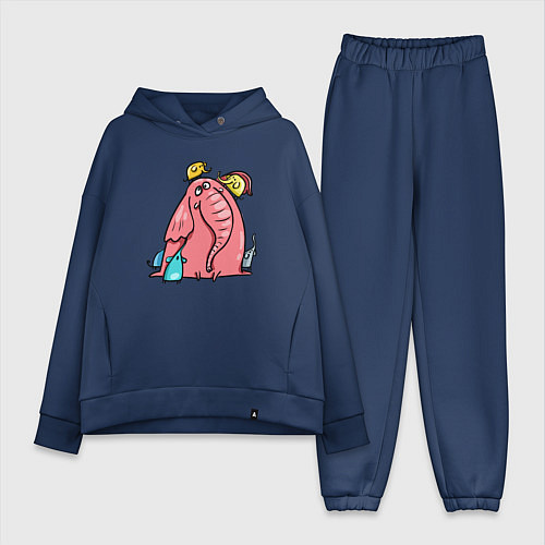 Женский костюм оверсайз Розовая слоника со слонятами / Тёмно-синий – фото 1