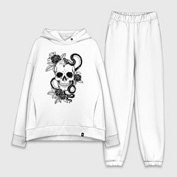 Женский костюм оверсайз Чёрная мамба обвивает череп и розы, цвет: белый