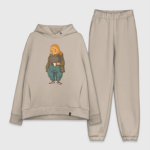 Женский костюм оверсайз Бородач с кружкой кофе / Миндальный – фото 1