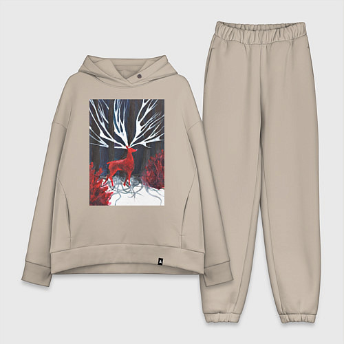 Женский костюм оверсайз Красный олень с гиганскими рогами / Миндальный – фото 1