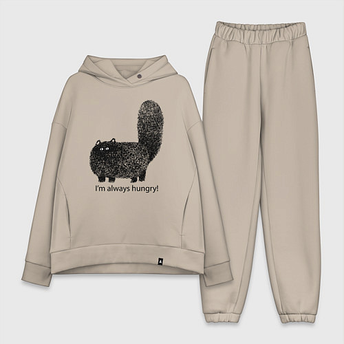 Женский костюм оверсайз Кот, который всегда голодный - мем / Миндальный – фото 1