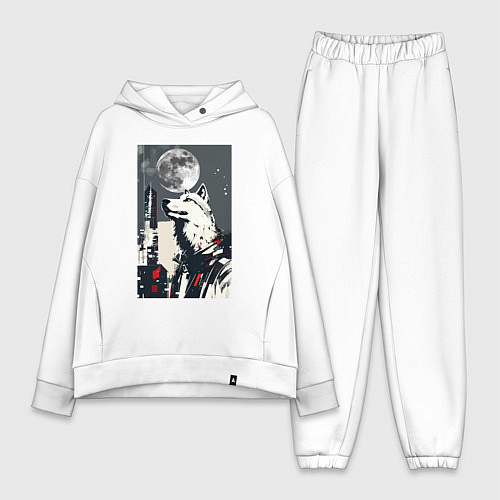 Женский костюм оверсайз Волк на фоне луны - мегаполис - нейросеть / Белый – фото 1