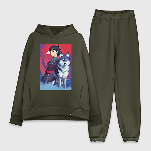 Женский костюм оверсайз Девочка со своим другом волком - аниме / Хаки – фото 1