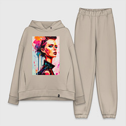 Женский костюм оверсайз MoMo - женщина с красным бантом в волосах