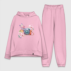 Женский костюм оверсайз Фотоаппарат в цветах и бабочки, цвет: светло-розовый