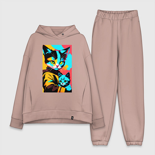 Женский костюм оверсайз Портрет кошки с котёнком - нейросеть / Пыльно-розовый – фото 1