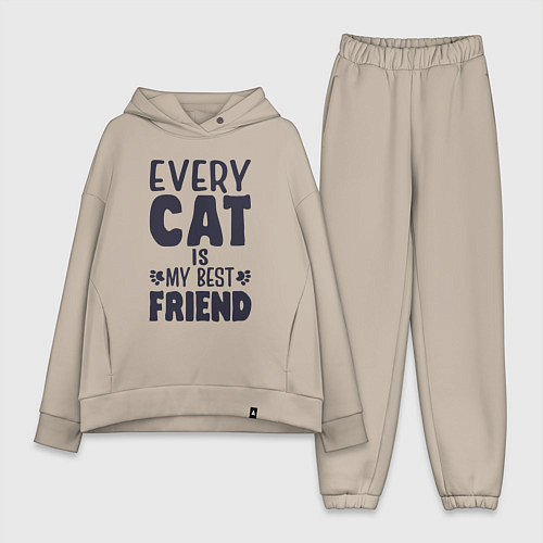 Женский костюм оверсайз Every cat is my best friend / Миндальный – фото 1