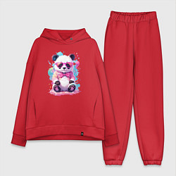 Женский костюм оверсайз Милая панда в розовых очках и бантике, цвет: красный