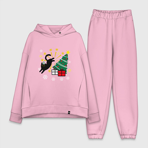 Женский костюм оверсайз Кот и елка / Светло-розовый – фото 1